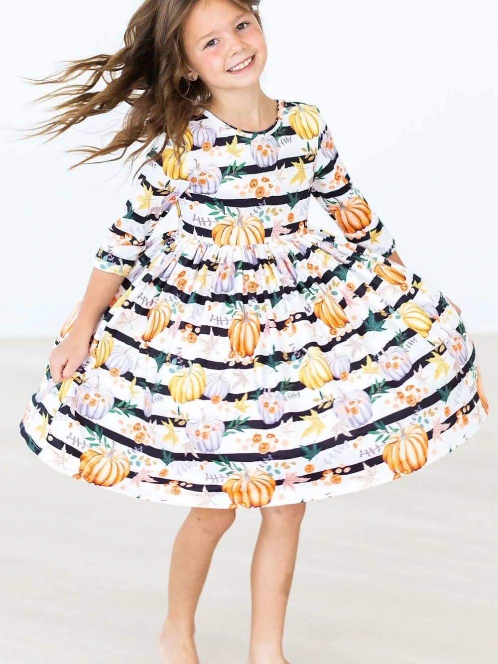Mila & Rose Girls' Pumpkin Stripe Twirl Dress - Black, White & Orange